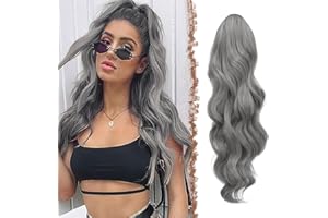 FESHFEN Extension Coda Capelli Lunga Posticci per Capelli Ondulati Ricci Coda Cavallo Capelli Extensions Finta per Donne, Grigio 60 cm