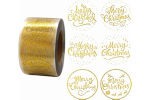 Masper 3.8cm/600 Sheets Christmas Stickers, 6 Transparent Gold Designs of Merry Christmas Stickers for Christmas Decorations Cards Crafts Envelopes Sealing Wrapping Packaging