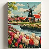 Sayılarla Boyama Tuval Hobi Seti YEL DEĞİRMENİ LALELER Temalı Fır&ccedil;a ve Boya Dahil Set (&Ccedil;ıtalı) 40x50 CM Kendin Yap Sayılarla 