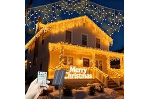 SOLARBABY Luci Solari Esterno Natale 10.3M+3.8M, 400LED Tenda Luminosa Natale con Telecomando, 19 Modalità IP65 Impermeabile, Cascata Luci Solari Esterna per Caldo, Giardino, Balcone, Bianco Caldo