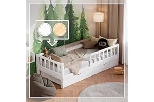 ‎RIVERBANK RIVERBANK Kinderbett 90x200 mit Rausfallschutz. (Weiß) Kleinkind Jugendbett Massivholz Kiefer Bettgestell mit Lattenrost & Ausziehbett Beistellbett. Kinder Bett für Mädchen oder Jungen