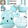 O'doe 15-Piece Baby Led Weaning Feeding Supplies for Toddlers, Baby Feeding Set | Suction Silicone Baby Bowl Self Eating Utensils Set with Spoons, Bibs, Toddlers Spoon Set, Food Plate Kit | Aqua V4
