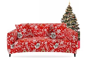 FIGOOO Funda de Sofá Navideña 4 Plazas Ajustable Funda para Sofá Elasticas Cubre Fundas de Sofá con Reposabrazos Funda de sofá Ambiente Navideño(4 Plazas,Copos de Nieve)