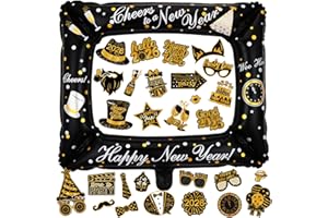 YCICHE 31 Stück Silvester Foto Requisiten 2026 – 18 Zoll Foto Booth Accessoires Party Deko-Zubehör mit Glitzer-Gold-Schwarz Props für Silvester Party 2026, Lustige Schnurrbärte, Brillen, Luftschlangen & Foto