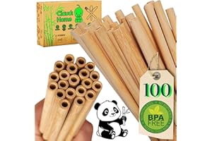 CLAUDI HOME Lot de 100 Pailles 20 cm réutilisables en Bambou naturel Qualité Premium + 1 Goupillon de nettoyage. Cocktail, Smoothy Pique-nique, Fête. Bars et restaurants