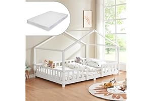 ‎[EN.CASA] [en.casa] Kinderbett Treviolo mit Matratze 120 x 200 cm Hausbett Holzbett für Kinder mit Rausfallschutz Montessori Bettgestell mit Lattenrost Spielbett Kiefernholz Weiß