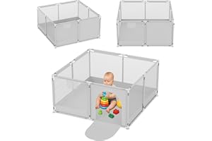 Tulano Cozy 20 Baby Playpen 130 x 130 cm with Base Play Gate for Babies 6 to 36 Months Portable Indoor Outdoor Foldable Mesh Walls Metal Frame Child Protection Travel Gate Playpen Grey