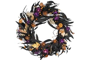 HOMEKAREN Halloween Wreath for Front Door 20 inch, Halloween Wreath with Olive and Mapple Leaf Pumpkin Spider, Halloween Decoration for Outdoor Living Room Indoor Wall and Outside Fall Autumn