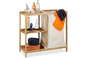 Relaxdays Mobiletto da Bagno con Portabiancheria, 3 Ripiani, Sacco Biancheria Estraibile, HxLxP: 65x68x33 cm, Naturale