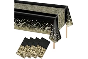 ‎AITSITE Aitsite Party Tischdecke 4 Stück, 137x274cm Rechteck Wasserdicht Schwarz und Gold Dot, Einweg für Geburtstag, Jahrestag, Weihnachten