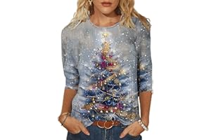 Ewleguzka Womens Christmas Tops 3/4 Sleeve, Ladies Xmas Tops Christmas Tree Red Wine Glass Graphic Printed Round Neck Loose Tunic Tshirts Holiday Clothes
