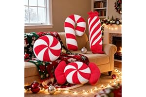 Lanpn Juego de 4 Piezas Cojines Navideño, Cojín Navideño de Caramelo Cojín de Invierno Almohada Decorativo Navidad para Sala de Estar Dormitorio Sofá Cama Decoración Navideña (Rojo)