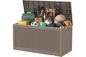 Vidacharmy Large Garden Storage Box with Lid 380L - Water Resistant Plastic Lockable - Furniture Cushions/Wellies/Logs/Coal/Garden Tool Brown Deck Box/Garage, Huge Capacity Outdoor, Fade Free