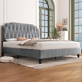 Yaheetech Velvet Upholstered Bed Double Bed 63&times;200 cm Light Grey | Height Adjustable Headboard Metal Bed Frame with Wooden Sl