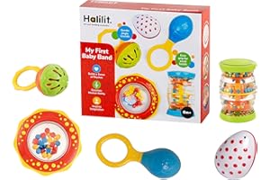Halilit My First Baby Band Gift Set. Musical Instrument for Babies includes Egg Shaker, Cage Bell, Baby Maraca, Tube Shaker and Fun Rattle. 6 Months +