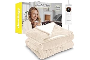 Devology Heated Throw - Electric Blanket - Digital Controller - Timer up to 12 hours, 6 Heat Settings, Auto Shutoff - Machine Washable - Double 150x200cm - Cream