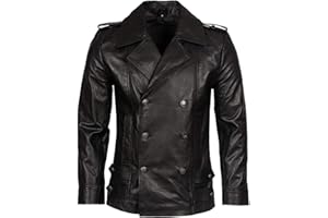 INFINITY LEATHER Męska klasyczna niemiecka granatowa kurtka wojskowa Peacoat czarna skóra bydlęca