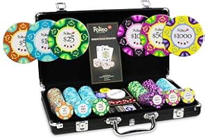 POKEO Mallette Poker 300 Jetons Deluxe - Set de 300 jetons de Poker 14g+Mallette Aluminium Noir+2 Jeux de Cartes 100% Plastique+Bouton Dealer