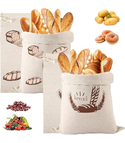 4 Sacchetti Pane In Lino - 40x30cm, Con Coulisse, Per Conservare Pane Fresco - Foto 5