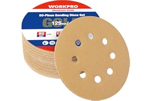 WORKPRO 50Pcs Sanding Discs 125mm, 80 120 240 Mixed Grits Hook and Loop Sandpaper, 3 Times Stronger Orbital Sander Discs with 8 Holes, Ideal for Grinding, Polishing and Rust Removal