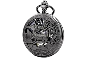 TREEWETO Vintage Pocket Watch Mechanical Double Cover Hollow Case Skeleton Steampunk Deer Case for Men Women