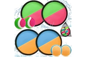 SaiXuan Lot de Jeu Scratch Enfant avec 4 Raquettes Ø18,5cm et 4 Balles Dures – Jouet Extérieur Été Jardin Plage pour Fille Garçon 3-10 Ans, Jeu de Lancer Attraper Famille avec Filet de Rangement