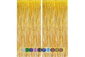 Montegoni 2 Piezas Cortina Metálica con Flecos Dorados de 1x2,5 m, Decoración de Lámina con Purpurina para Año Nuevo, Cumpleaños, Baby Shower, Fiesta de Bodas | Flecos para decoración