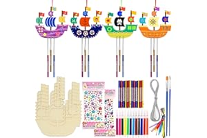Zeuwets Bricolage Carillons Vent de Bateau Pirate en Bois 10 Pcs Artisanat de Bateau de Pirate à Peindre Activites Manuelles pour Enfants pour Cadeaux d'anniversaire de Noël décorés de bricolage