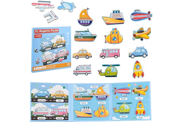 ASTARON Puzzle magnétique avec 60 Autocollants gonflés pour Tout-Petits, 51 pièces Puzzles de Circulation 3 en 1 éducation préscolaire Apprentissage Jouets de Voyage Voiture Avion activités