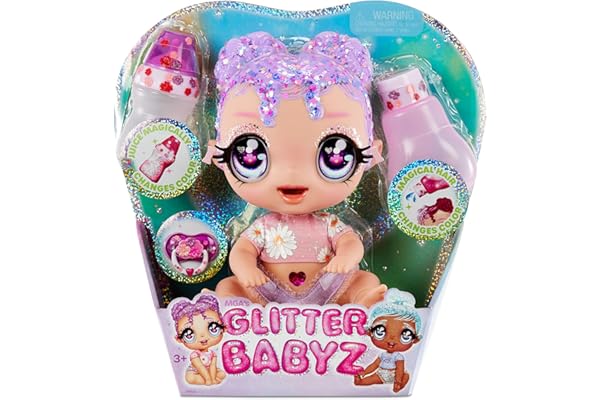 Glitter Babyz Poupée Lila Wildboom - Avec 3 changements de couleur magiques, cheveux violets & 1 tenue florale, contient 1 couche réutilisable, 1 biberon & tétine, pour les enfants, 3 ans +