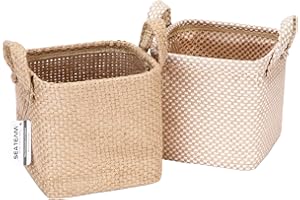 Sea Team Lot de 2 paniers de rangement pliables en jute et coton avec poignée pour la maison, les articles de toilette, les articles divers, les jouets, les bijoux, beige, 17 x 17 x 17 cm
