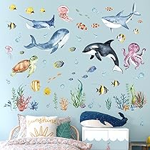 Supzone Muurstickers Kinderen Zeedieren: Levendige Oceaan Wanddecoratie met Haai en Walvis Muurstickers