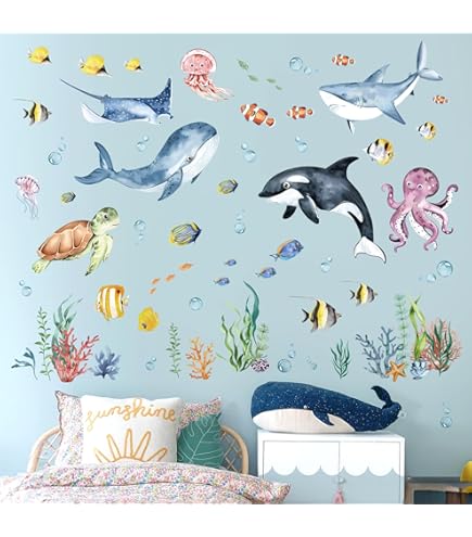 thumbnail interactive-video image 1 of Mermaid & Unicorn Wall Decals – Under The Sea Theme Stickers For Kids' Rooms 1 of 6