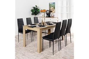 FURNITABLE Esstisch mit 6 Stühlen Esszimmergruppe, Essgruppe mit Hochlehner Kunstleder Stuhl für 6 Personen, Sitzgruppe für Küche Esszimmer Wohnzimmer(160 * 80 * 75cm Tisch+6 Schwarz Stühle)