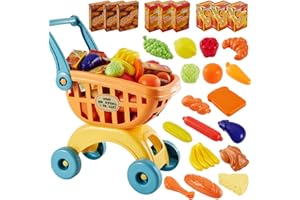BUYGER Childs Shopping Trolley with Play Food Toys, Push and Go Shopping Cart Supermarket Shop Grocery Store Games Accessories Sets Pretend Role Play Toys Gifts for Ages 3 4 5+ Years Old