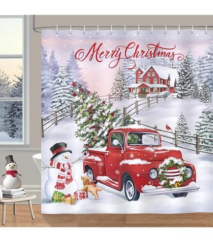 Rideau De Douche Noël Gnomes - Tissu Polyester 180 X 200 Cm, Imperméable, Anti-moisissure, Livré Avec 12 Crochets