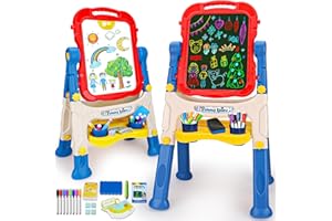 LYPSOCHAAT 4 in 1 Kids Easel with Magnetic Whiteboard Chalkboard, Toddler Art Easel for Kids with Height Adjustable & 360°Rotatable Drawing Writing Painting Accessories, Gifts for 2 3 4 5 6 7 Year Old Boys Girls