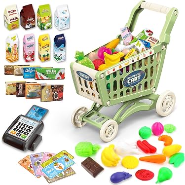 RedCrab Chariot de courses pour enfants, 54 pièces, jeu inclus dans le chariot d'épicerie, carte de crédit, accessoires de magasin de fruits et légumes pour garçon, fille, enfant (bleu