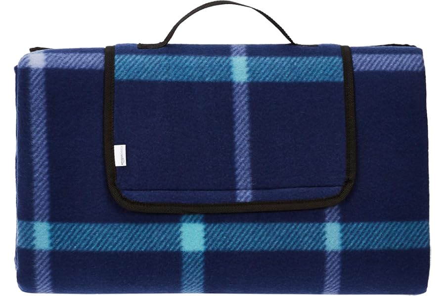 Amazon Basics Picnic Travel Blanket with waterproof backing, 200 x 200 cm (Rectangular), Blue/White, Kitchen