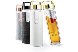 REFYLL Teeflasche mit Filter “teaFyll” 450ml I Teeflasche mit Sieb to Go 0,5l für warmen & kalten Tee I Doppelwandige Glasflasche aus Borosilikatglas + Fruchteinsatz für Eistee & Infused Water
