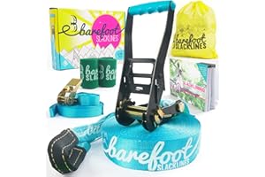 BAREFOOT SLACKLINES Barfoot Slackline Komplettset mit Ratsche, Trainingsleine, Rindenschutz und Anleitung (evtl. Nicht in Deutscher Sprache), 18 m Entworfen für Kinder und Erwachsene, Azurblau
