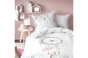 MATT & ROSE Parure de Lit Enfant 140x200 cm Attrape Coeur Imprimés Réversibles Attrape rêve | 100% Coton | Oeko-TEX | Housse de Couette Fille 140x200 cm + 1 Taie d'oreiller 65x65 cm | Blanc