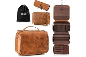 Elviros Trousse de Toilette pour Homme et Femme, Trousse de Voyage avec Grande Capacité avec Crochet, 3 en 1 Trousse de Maquillage Amovible en Cuir PU Imperméable, 28 x 22 x 10 cm Marron