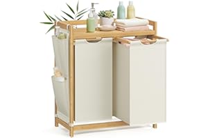 SONGMICS Cesto Portabiancheria a 2 Scomparti, Cesto Biancheria Sporca in Bambù, 100 L, Porta Biancheria con Piano, Tasche Laterali, 2 x 50 L, 63 x 33 x 78 cm cm, Bianco Crema RLH100W01