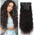 Gairyan Clip in Hair Extensions Curly Wavy Long Hair Pieces 6PCS Full Head Synthetic Hair Extension Thick Natural Look for Women, 20 Inches 140g, Dark Brown