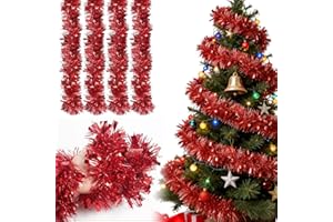 HONGECB SUNCHE 4 Piezas Espumillón de Navidad, Metálico Oropeles Brillantes Decoración, 2M Espumillón Denavidad, Guirnalda Brillante Metálica Decoraciones, para Árbol de Navidad Boda Fiesta Festival, Rojo