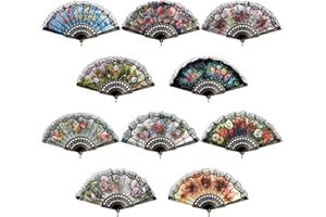 Coloch 10 Pack Spanish Floral Folding Hand Fan with Plastic Side, Vintage Handheld Folding Fan with Retro Patterns for Wedding, Dancing Party, Cosplay, Fancy Gift, Wall Decoration, Random Pattern