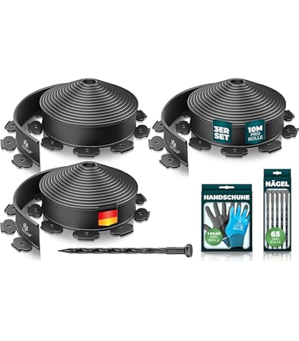 KESSER® Flexibele gazonrand van kunststof, lengte 30 m, hoogte 5 cm, met 150 grondankers 3 paar handschoenen, bedomranding, perkbegrenzing, maaikand, bestratingsstenen, palissade