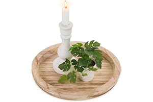 Hanobe Rustic Wooden Serving Tray: Round Wood Butler Decorative Tray Rustic White Centerpiece Candle Holder Trays Farmhouse Ottoman Tray for Decor Kitchen Counter Home Decor for Coffee Table