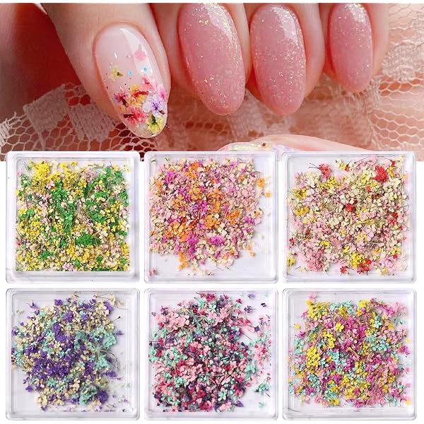 KGDUYC 3D Nagelkunst Aufkleber Mit Getrockneten Blumen – Echte Gypsophila, In Box Mit Pinzette, Für Maniküre